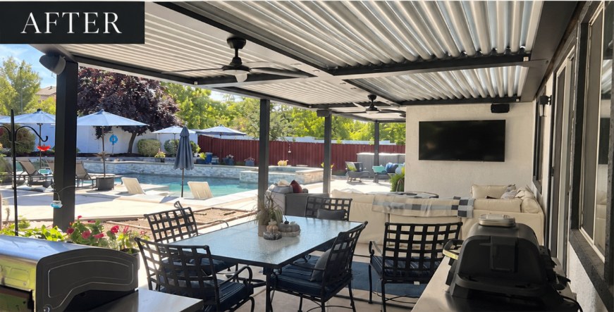 Motorized louvered pergola with ceiling fans, TV and outdoor dining overlooking the pool
