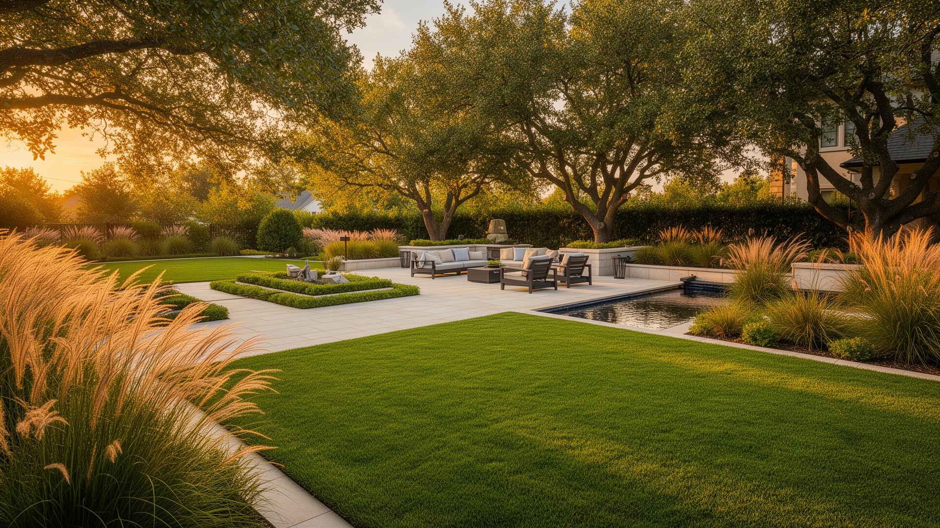 High-end landscaped backyard at golden hour